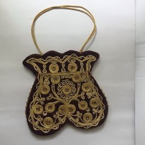 VINTAGE BURGUNDY, VELVET PURSE ACCENTED WITH RICK RACK, MIRRORS, AND PEARL BEADS